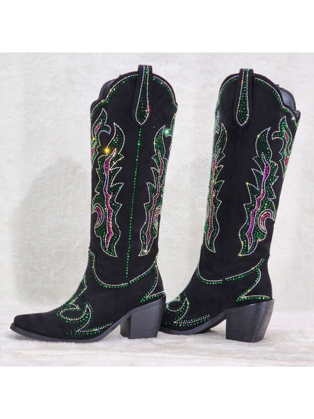 NIB Roswell Country Western Cowgirl Knee Boots Rhinestones Black Green Fuchsia
